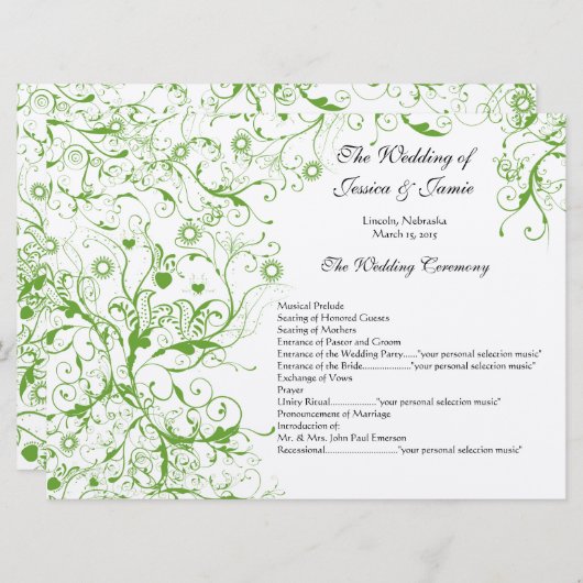 Apple Green Birds Swirle Order of Service 招待状 (正面/裏面)