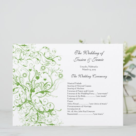 Apple Green Black Birds Swirl Order of Service 招待状 (スタンド正面)