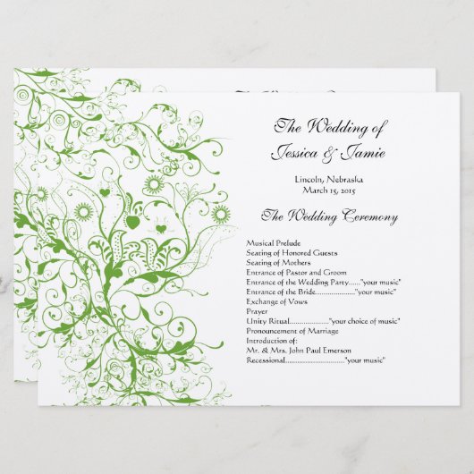 Apple Green Black Birds Swirl Order of Service 招待状 (正面/裏面)