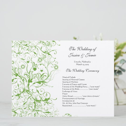 Apple Green Black Birds Swirl Order of Service 招待状 (スタンド正面)