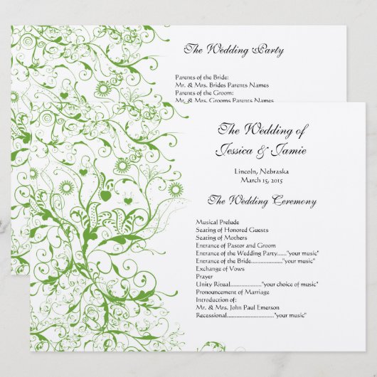 Apple Green Black Birds Swirl Order of Service 招待状 (正面/裏面)