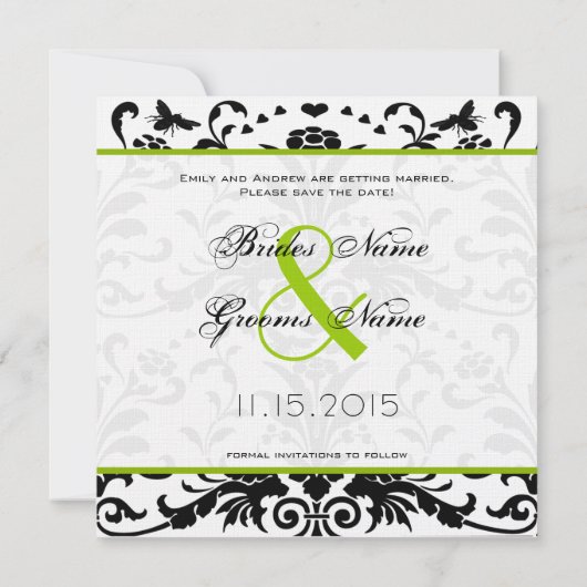 Apple Green Black Bubble Bee Damask Save the Date 招待状 (裏面)