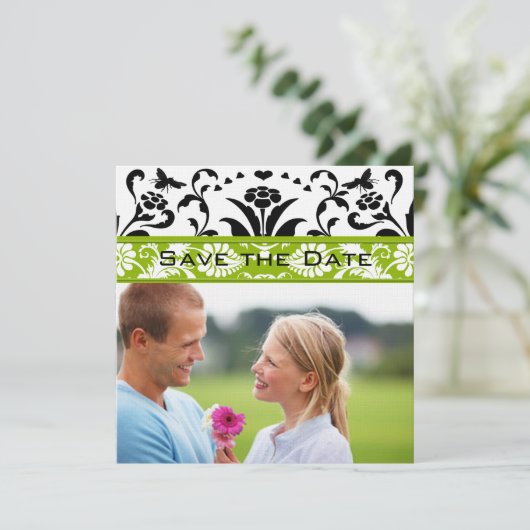 Apple Green Black Bubble Bee Damask Save the Date 招待状 (スタンド正面)