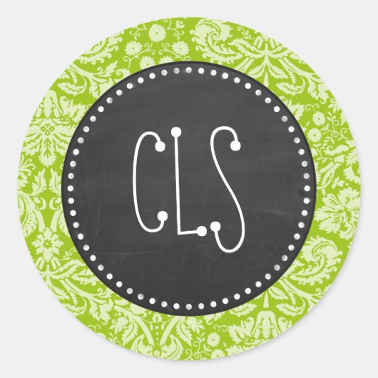 Apple Green Damask Pattern;Chalkboard ラウンドシール (正面)