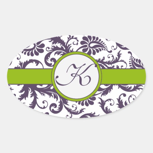 Apple Green & Lapis Purple Damaskウェディングステッカー 楕円形シール (正面)
