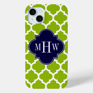 Apple Green Wt Morocco #5 Navy 3イニシャルモノグラム iPhone 15 Miniケース