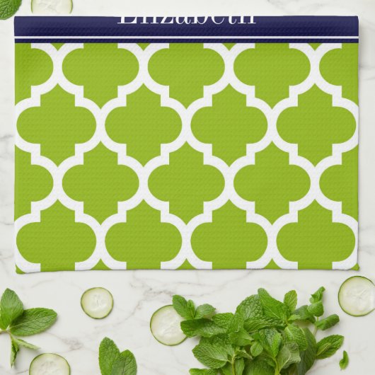 Apple Grn Wht Morocco #5 Navy Blue Name Monogram キッチンタオル (折り畳み)