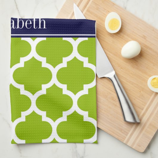 Apple Grn Wht Morocco #5 Navy Blue Name Monogram キッチンタオル (四つ折り)