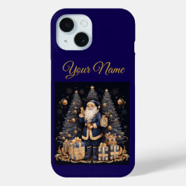 Apple iPhoneケース 15-ネイビーブルー&ゴールド クリスマス iPhone 15ケース