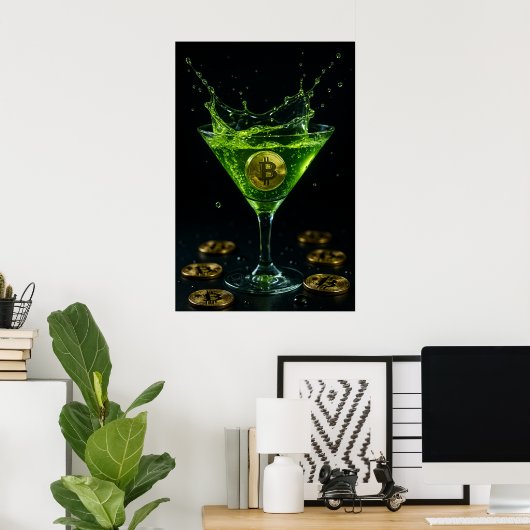 Apple Martini Glass with Floating Bitcoin Art  ポスター (ホームオフィス)