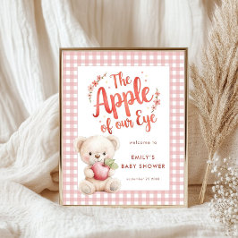 Apple of Eye Bear Pink Gingham Welcome Baby Shower ポスター