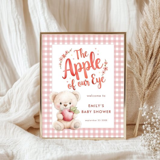 Apple of Eye Bear Pink Gingham Welcome Baby Shower ポスター