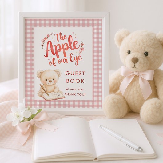 Apple of Eye Gingham Sign Guest Book Baby Shower ポスター