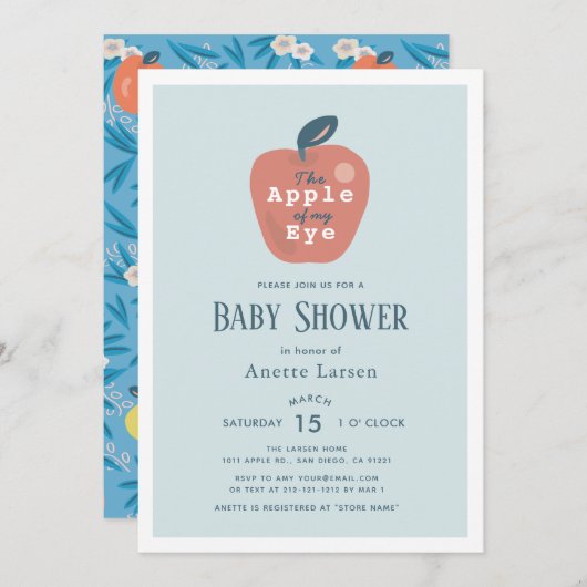 Apple of my Eye Blue Boy Baby Shower 招待状 (正面/裏面)