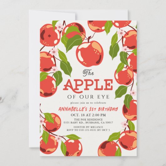 Apple of our Eyeフローラガールの最初の誕生日 招待状 (正面)