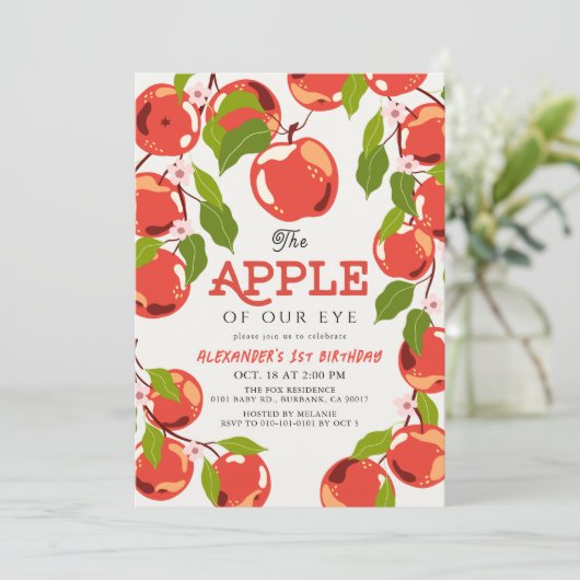 Apple of our Eyeフローラ少年の1歳の誕生日 招待状 (スタンド正面)