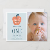 Apple of our Eye Blue Boy Photo 1st Birthday 招待状 (正面)