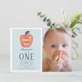 Apple of our Eye Blue Boy Photo 1st Birthday 招待状 (スタンド正面)