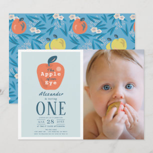 Apple of our Eye Blue Boy Photo 1st Birthday 招待状