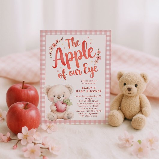 Apple of our Eye Pink Gingham Bear Baby Shower 招待状