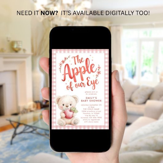 Apple of our Eye Pink Gingham Bear Baby Shower 招待状