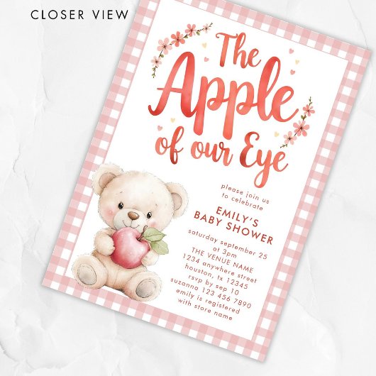 Apple of our Eye Pink Gingham Bear Baby Shower 招待状