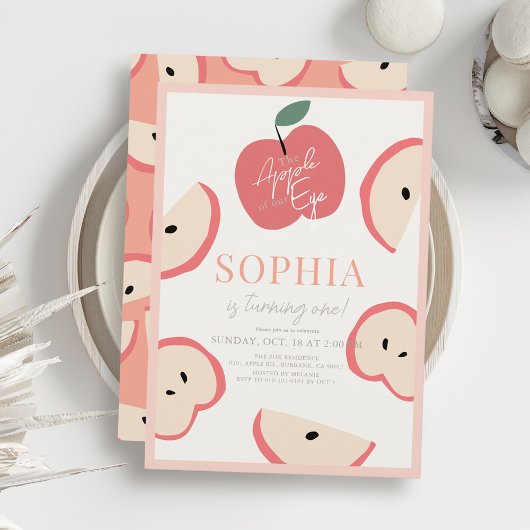 Apple of our Eye Pink Girl 1st Birthday 招待状