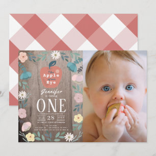 Apple of our Eye Wood Girl Photo 1st Birthday 招待状