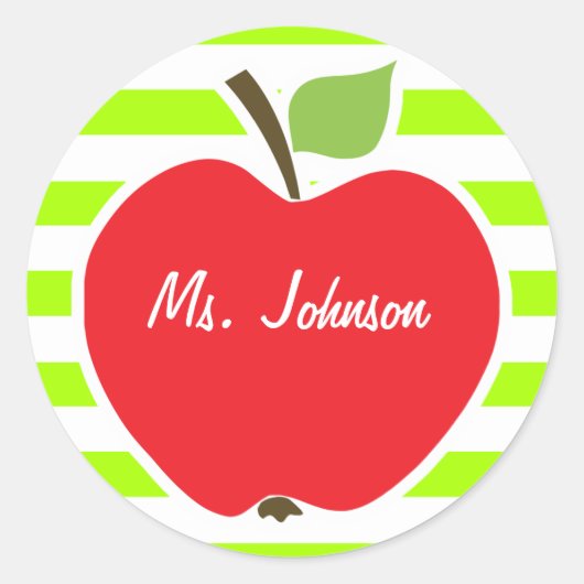 Apple on Electric Lime Green水平ストライプ ラウンドシール (正面)