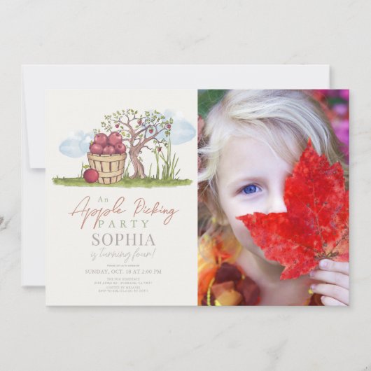 Apple Picking Basket & Apple Tree誕生日写真 招待状 (正面)