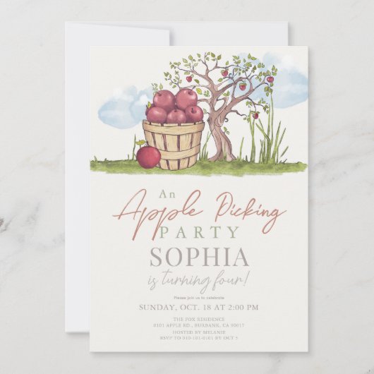 Apple Picking Basket & Apple Tree誕生日 招待状 (正面)