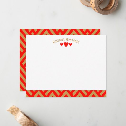 Apple Red Modern Hearts Striped Fans Note Card ノートカード (正面/裏面インサイチュ)