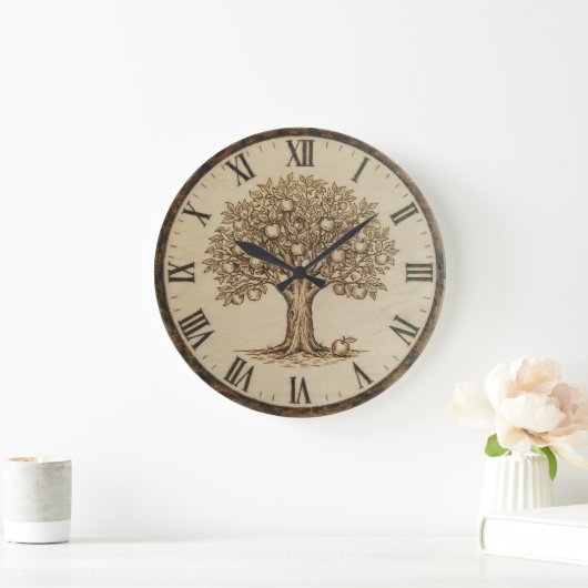 Apple Tree Wall Clock – Wood-Burned Style ラージ壁時計 (ホーム)