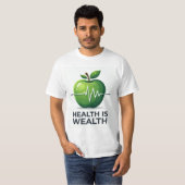 Apple with Heartbeat Pulse and Health is Wealth Tシャツ (正面フル)