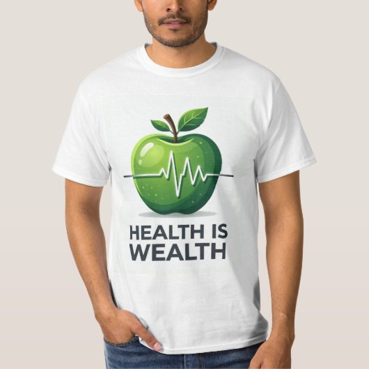 Apple with Heartbeat Pulse and Health is Wealth Tシャツ (正面)