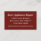 Appliance Repairmanビジネス・カード 名刺 (裏面)