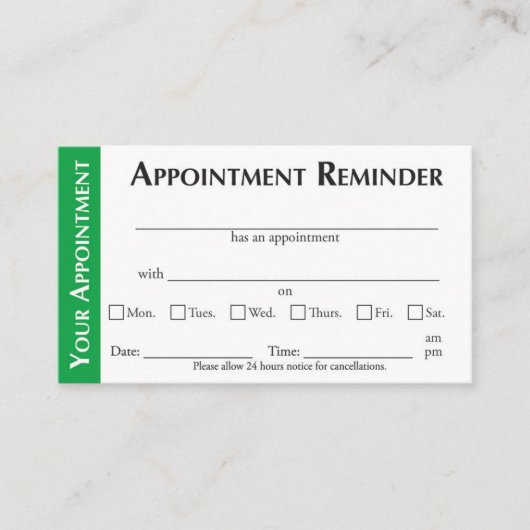 Appointment Reminder Cards - Green コーリングカード (正面)