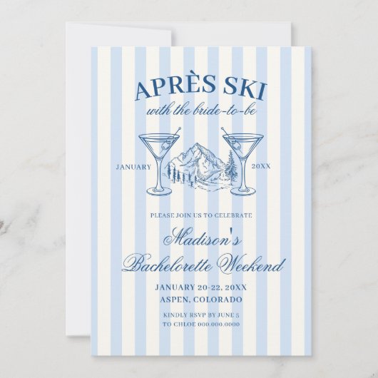 Apres Ski Blue Striped Bachelorette 招待状 (正面)
