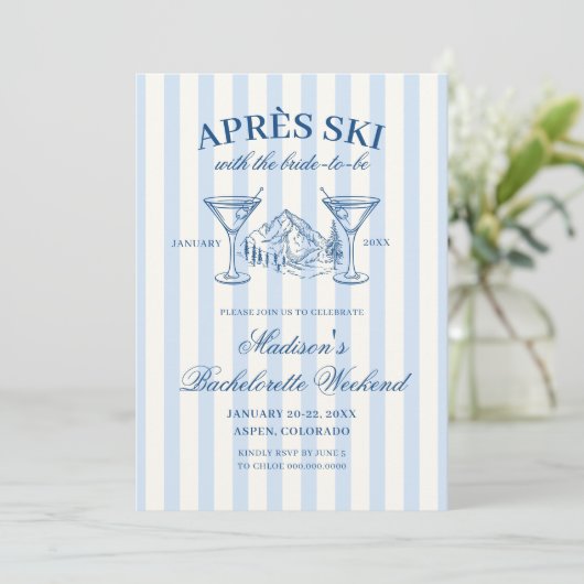 Apres Ski Blue Striped Bachelorette 招待状 (スタンド正面)