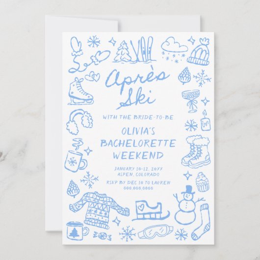 Après Ski Hand Drawn Winter Bachelorette 招待状 (正面)