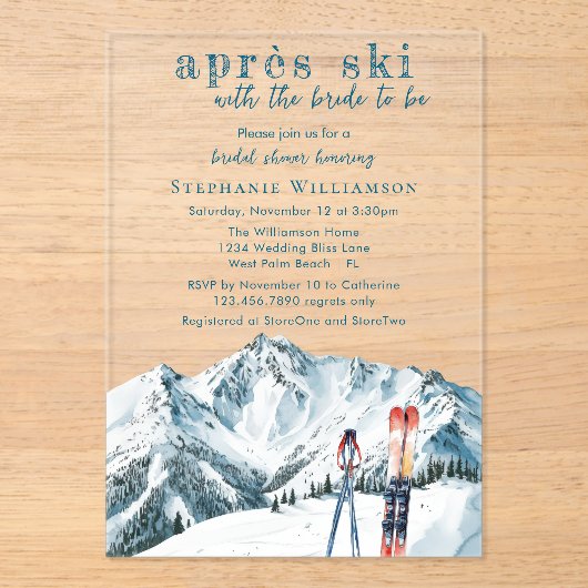 Apres Ski Winter Mountain Watercolor Bridal Shower アクリル招待状 (正面)