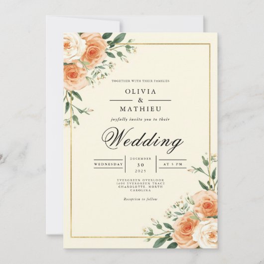 Apricot Bloom Corner Flourish Wedding 招待状 (正面)