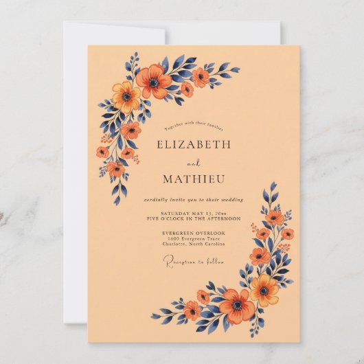 Apricot Navy Blue Distinctive Autumnal Wedding 招待状 (正面)