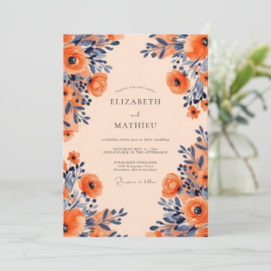 Apricot Navy Opulent Floral Wedding 招待状 (スタンド正面)