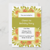 Apricot Watercolour Roses Green Party 招待状 (正面)
