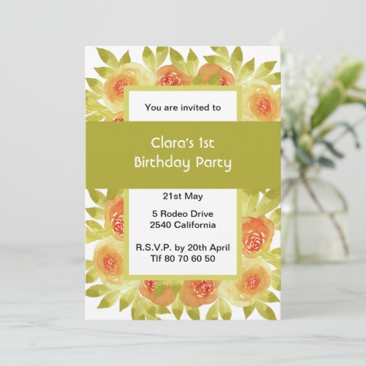 Apricot Watercolour Roses Green Party 招待状 (スタンド正面)