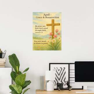 April Birthday Bible Verse Cross and Resurrection ポスター
