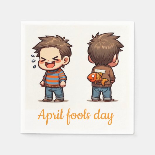 April Fools Day Fishing Boys Paper Napkins スタンダードカクテルナプキン (正面)