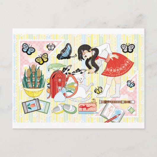 April illustration "Cat and school bag" ポストカード (正面)