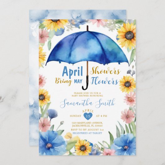 April Showers Bring May Flowers Blue Umbrella 招待状 (正面/裏面)